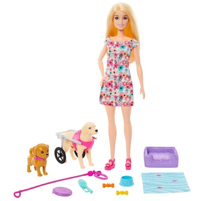 Barbie Κούκλα Κουταβάκια με Αμαξίδιο (HTK37)